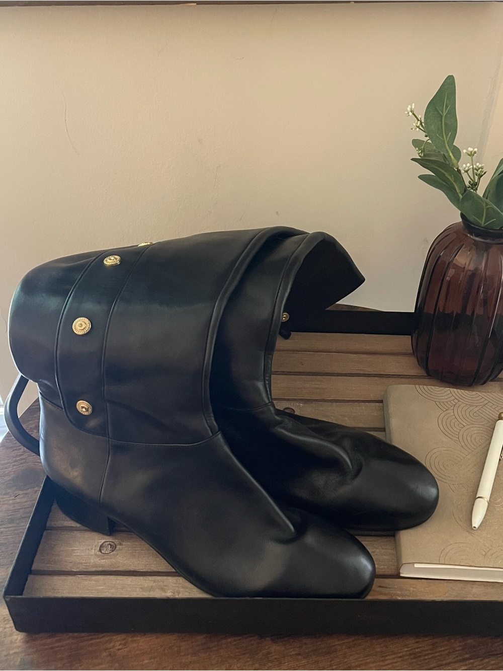 Nine West Black Over-the-Knee Leather Boots with Gold Buttons